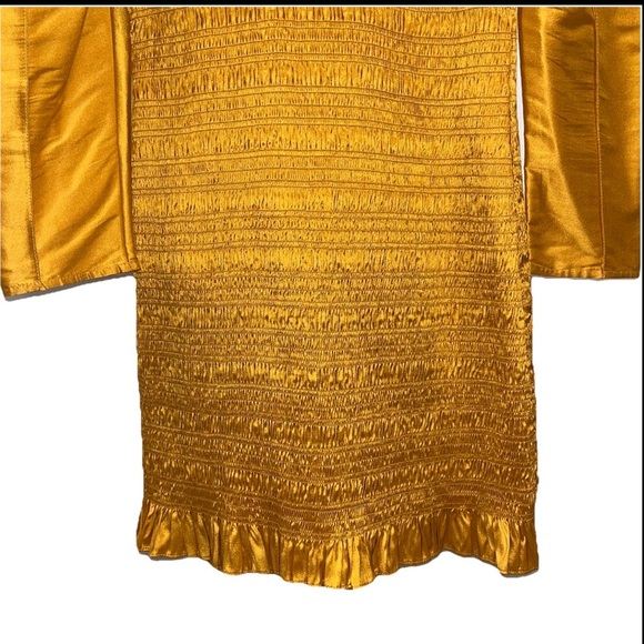 ULLA JOHNSON Aurele dress gold mini silk 4 puff sleeve smocked shirred NWOT - Picture 9 of 15